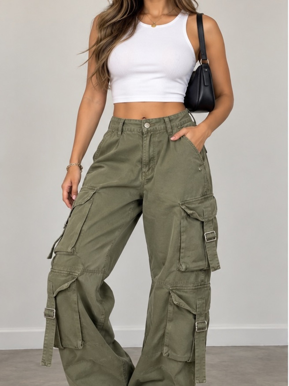 Zara Olive Green Wide-Leg Cargo Pants
